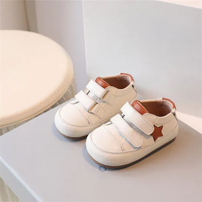 Toddler Star Sneakers with Double Hook-and-Loop Straps, Microfiber Leather Baby Boys and Girls Casual Shoes in Red Silver or Dark Blue, Sizes 15-27