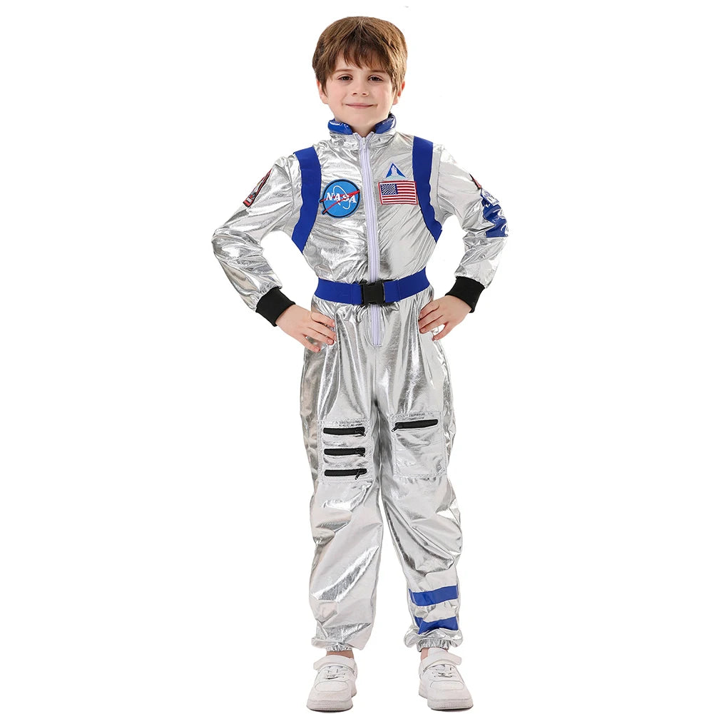 Kids Astronaut Costume Jumpsuit, Silver Space Explorer Outfit for Halloween, Carnival, Cosplay and Imaginative Dress-Up, Sizes 120–150