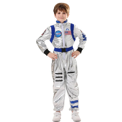 Kids Astronaut Costume Jumpsuit, Silver Space Explorer Outfit for Halloween, Carnival, Cosplay and Imaginative Dress-Up, Sizes 120–150