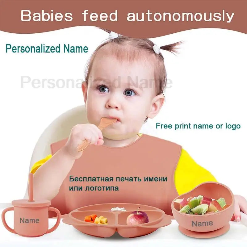 Ten-Piece Personalized Baby Feeding Set with Panda Divided Plate, Suction Bowl, Pocket Bib, Straw Cup and Utensils in Nine Color Options
