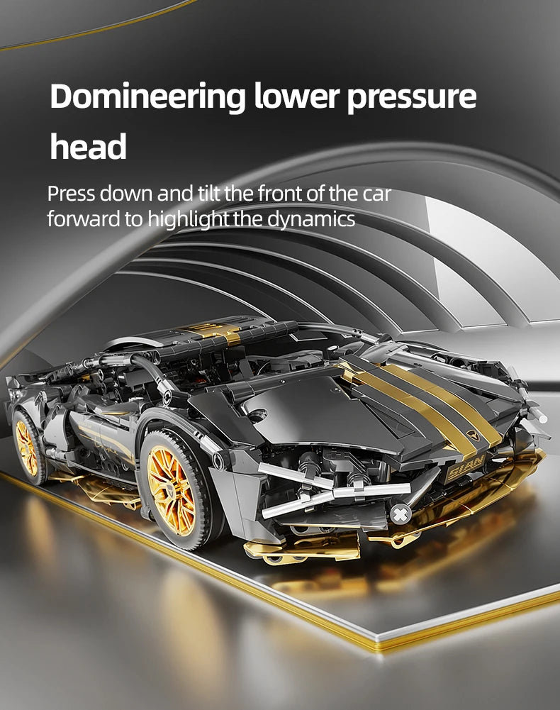 Supercar Building Set, 1280-Piece Black and Gold 1:14 Scale Sports Car Model with Adjustable Rear Wing and Opening Cockpit by KAVOWORLD