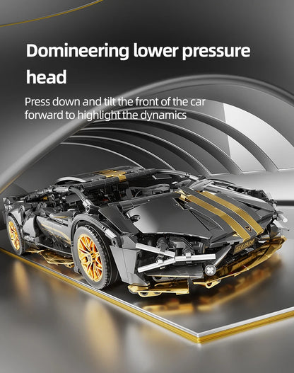 Supercar Building Set, 1280-Piece Black and Gold 1:14 Scale Sports Car Model with Adjustable Rear Wing and Opening Cockpit by KAVOWORLD