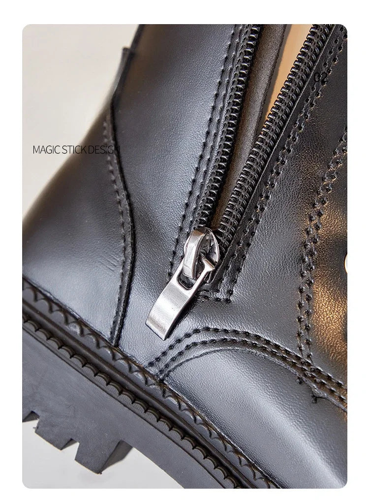 Lace-Up Knee-High Boots for Girls with Side Zippers and Chunky Soles, Black or Beige Motorcycle-Inspired Tall Fashion Shoes, Sizes 27–37