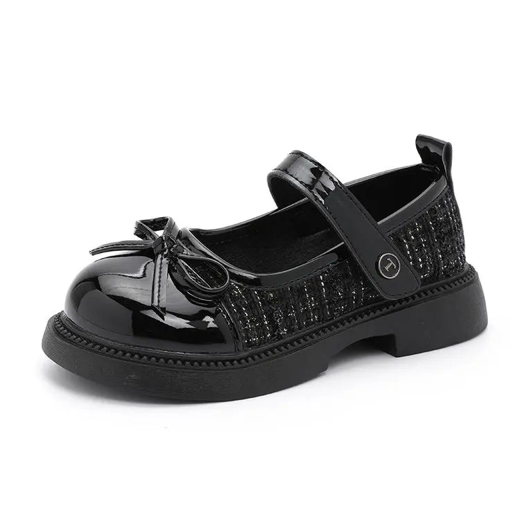 Girls Patchwork Mary Jane Shoes with Bow Detail, Glossy Round Toe and Textured Panels in Black or Beige for Spring Fall Dressy Outfits