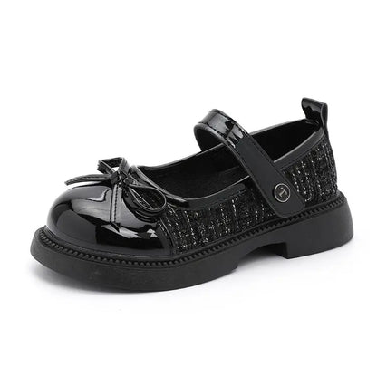 Girls Patchwork Mary Jane Shoes with Bow Detail, Glossy Round Toe and Textured Panels in Black or Beige for Spring Fall Dressy Outfits