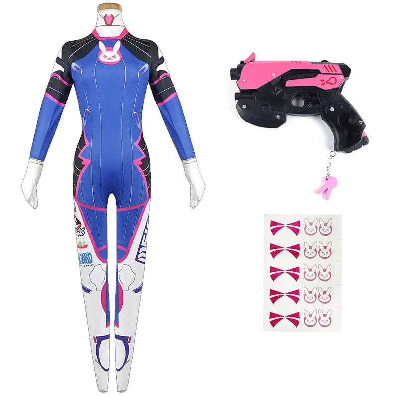 D.va Cosplay Costume and Accessory Options for Women, Blue Character Jumpsuit, Wig, Headset and Prop Selections for Halloween and Conventions