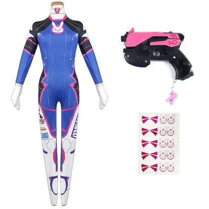 D.va Cosplay Costume and Accessory Options for Women, Blue Character Jumpsuit, Wig, Headset and Prop Selections for Halloween and Conventions