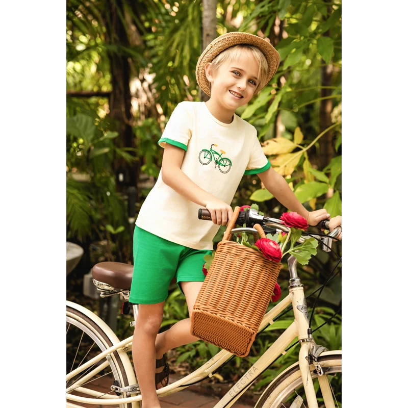 Bicycle Print Sibling Matching Outfits, Cream Girls Dresses and Tops with Red Skirts, Boys Green Shorts and Baby Rompers for Family Photos