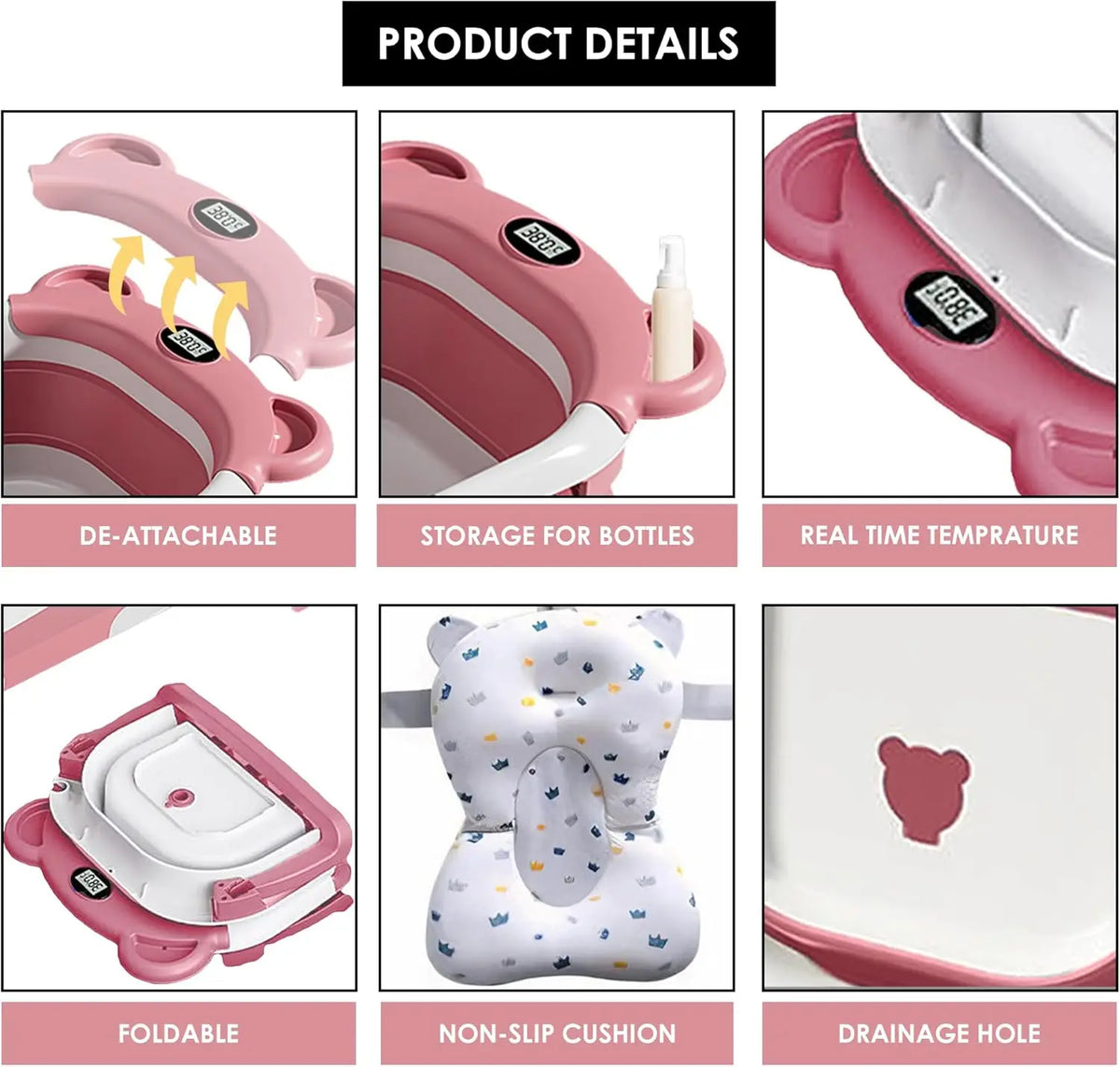 Travel Baby Bathtub with Thermometer and Soft Floating Cushion, Collapsible PP and TPE Bath Tub with Drain Plug for Supervised Infant and Toddler Bathing