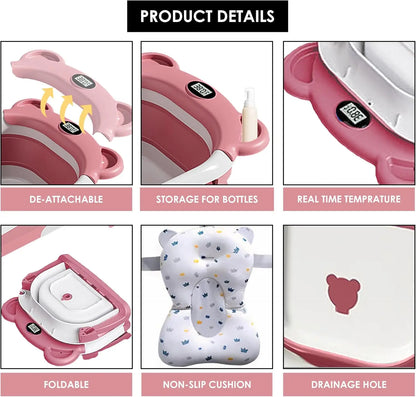 Travel Baby Bathtub with Thermometer and Soft Floating Cushion, Collapsible PP and TPE Bath Tub with Drain Plug for Supervised Infant and Toddler Bathing