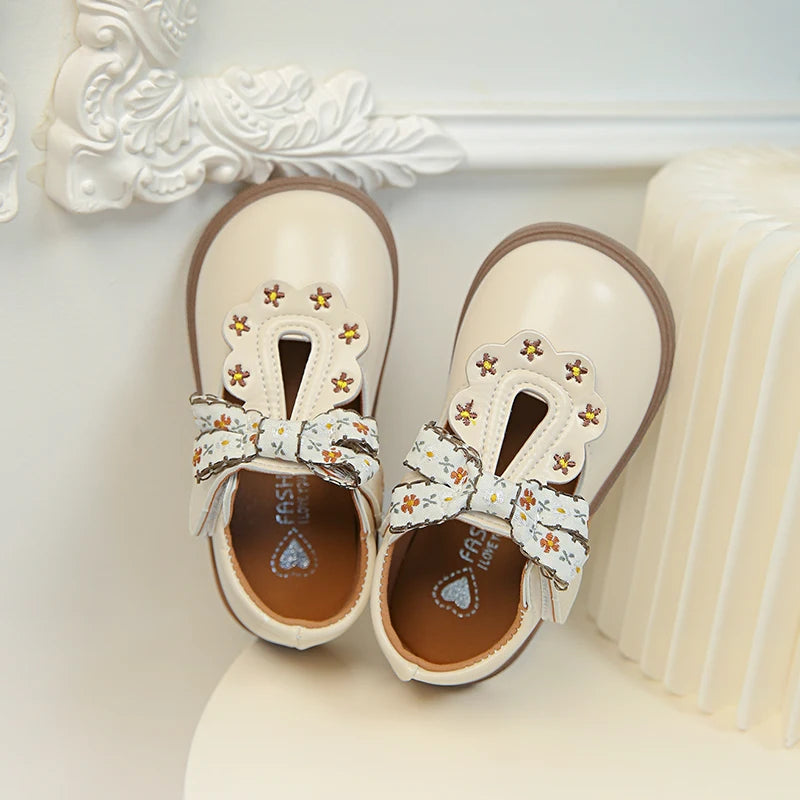 Girls Floral Bow T-Strap Shoes with Scalloped Flower Details and Round Toe, Black or Beige Dress Flats for School Outfits, Parties and Photos