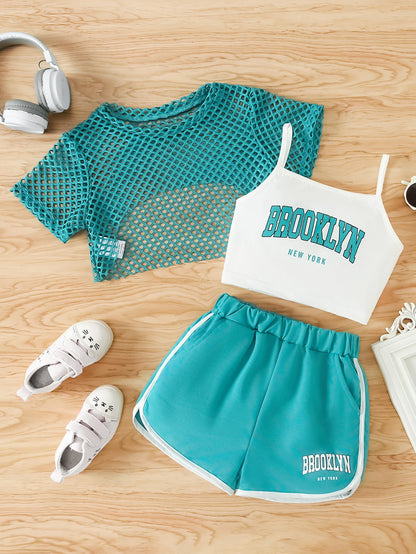 Girls Mesh Top and Shorts Outfit with Brooklyn Print Cami, Three-Piece Summer Set with Short Sleeves and Elastic Waist for Ages 8-12