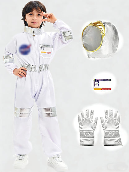 Space Explorer Costume for Kids with White Astronaut Jumpsuit, Space-Themed Patches and Metallic Trim Options for Halloween and Birthday Parties