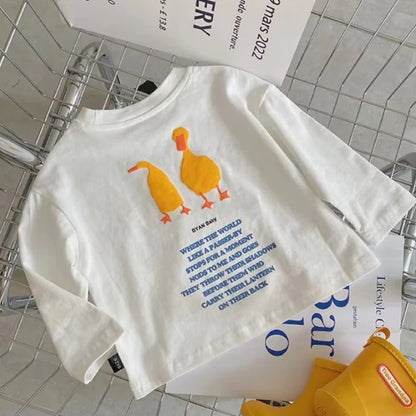 Duck Print Kids Long Sleeve T-Shirt with Crewneck and Letter Graphic, Loose Cotton Casual Top in White or Black for Spring Outfits, Sizes 90-140