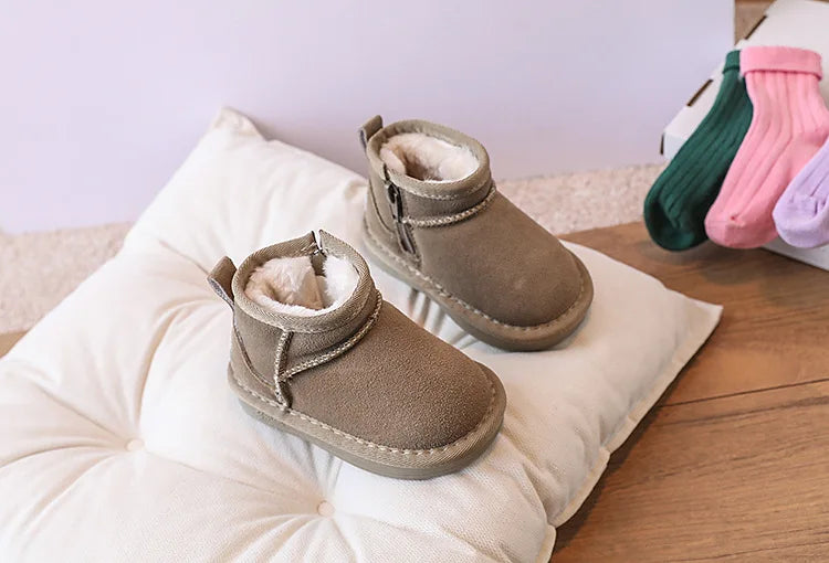 Toddler Plush Winter Booties with Contrast Stitching and Rear Pull Tabs, Camel, Black or Army Green Short Boots for Boys and Girls, Sizes 18-25