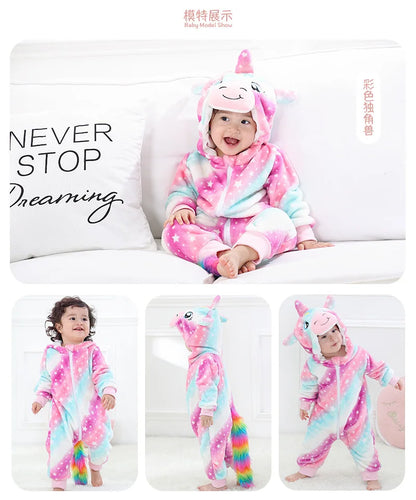 Animal Kigurumi Costume for Babies and Toddlers, Hooded Flannel Jumpsuit with Long Sleeves for Halloween Dress-Up and Family Photos