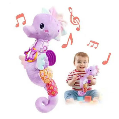 Plush Seahorse Baby Rattle with Crinkle Sounds, Colorful Patterned Panels and Soft Animal Design for Supervised Sensory Play and Baby Shower Gifts