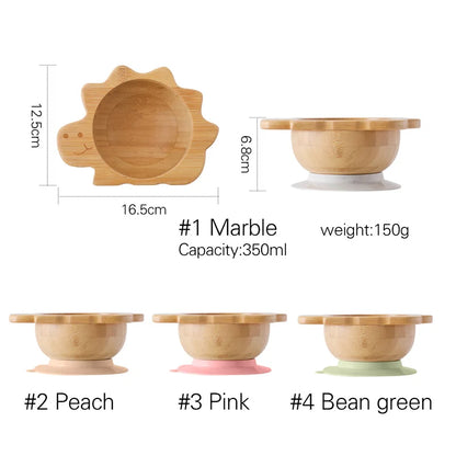 Bamboo Baby Suction Bowl and Tableware Options, Sun, Cloud and Dinosaur Designs with Single-Piece or 3-Piece Wooden-Handle Utensil Sets