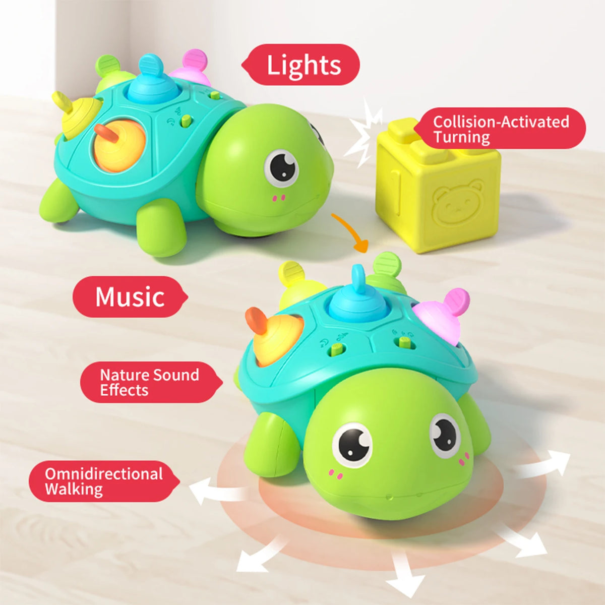 Crawling Turtle Toy with Lights and Sound, Colorful Press-and-Pop Shell Activity Toy for Supervised Baby Floor Play and Gift Giving