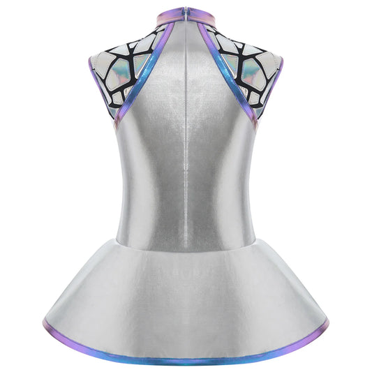 Girls Alien Costume Dress with Shiny Metallic Finish, Sleeveless A-Line Skirt and Back Zipper for Halloween, Space Cosplay and Dance Parties