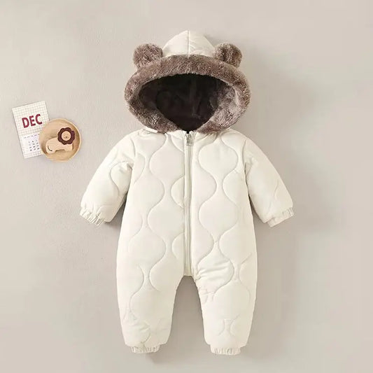 Baby Quilted Hooded Jumpsuit with Bear Ears, Plush-Look Hood Trim and Front Zipper, Long Sleeve Winter One-Piece Clothing for Infants and Toddlers