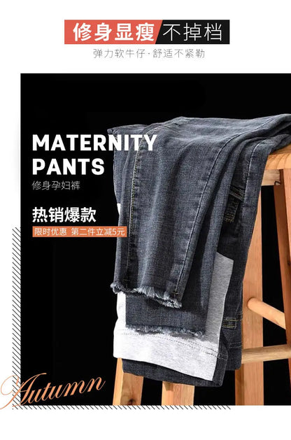 Maternity Denim Jeans with Over-Belly Panel, Blue Pregnancy Pants with Frayed Hem Styling, M-2XL Options for Everyday Casual Outfits