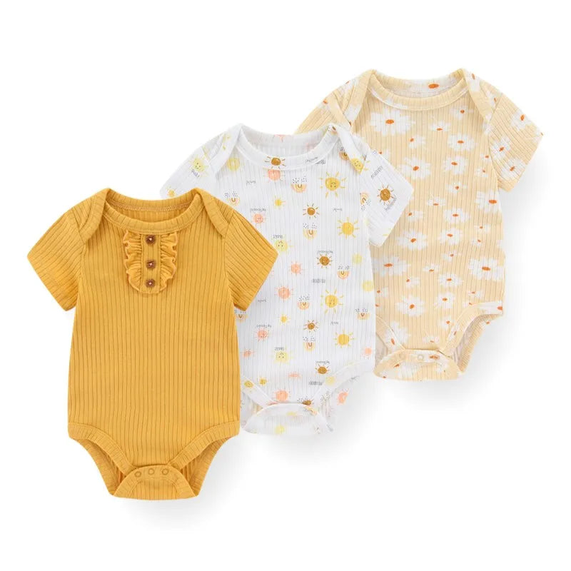 Cotton Infant Bodysuit Trio with Short Sleeves, Printed and Solid Baby One-Piece Outfits with Bottom Snaps for Boys and Girls, 3M-12M