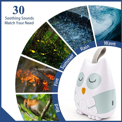 Owl White Noise Machine with 30 Sounds, USB-C Rechargeable 500mAh Battery and 30/60/90-Minute Timer for Nursery Bedtime and Travel