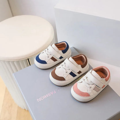 Baby Colorblock Strap Sneakers in Microfiber Leather, DIMI Low-Top Casual Shoes for Boys and Girls in Blue Pink or Brown, Spring and Fall Outfits