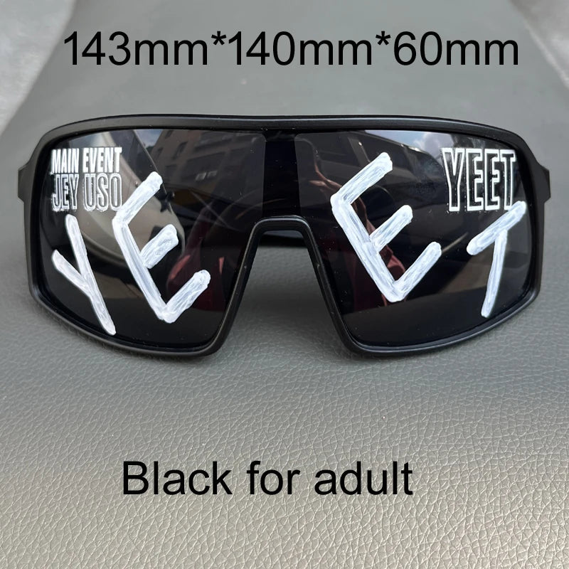 YEET Graphic Sunglasses with Jey Uso Main Event Lettering, Colorful Shield-Style Fan Shades in Children's and Adult Options for Party Outfits