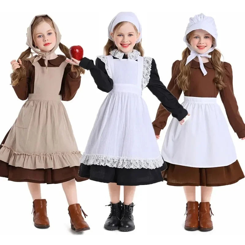 Girls Pioneer Prairie Costume Dress with Apron and Bonnet Options for Colonial School Plays, Historical Dress-Up and Halloween Events