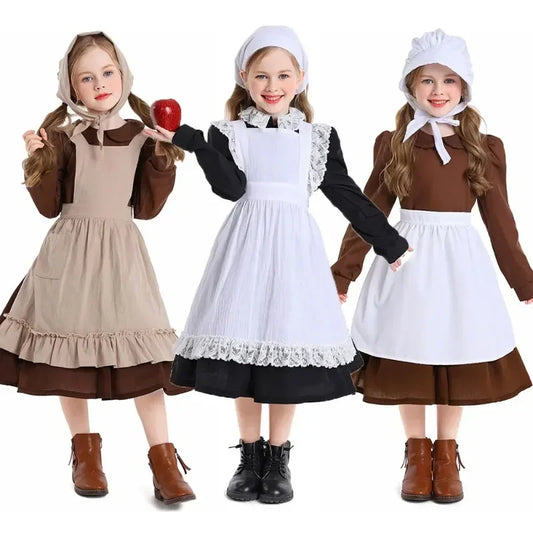 Girls Pioneer Prairie Costume Dress with Apron and Bonnet Options for Colonial School Plays, Historical Dress-Up and Halloween Events