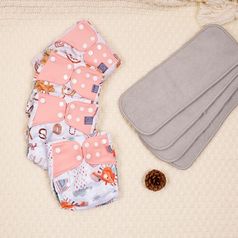 Mesh-Lined Cloth Diapers by Elinfant, 4-Pack Adjustable Pocket Baby Nappies with 4 Three-Layer Microfiber Inserts and Waterproof PUL Outer