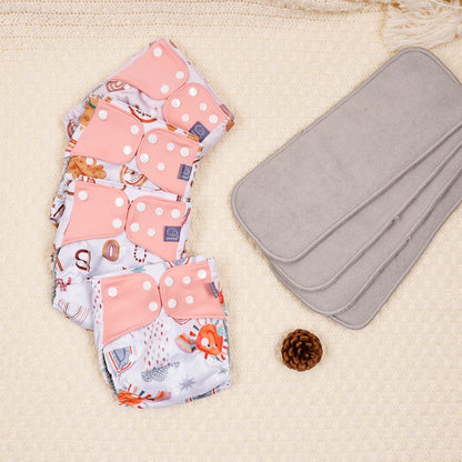 Mesh-Lined Cloth Diapers by Elinfant, 4-Pack Adjustable Pocket Baby Nappies with 4 Three-Layer Microfiber Inserts and Waterproof PUL Outer