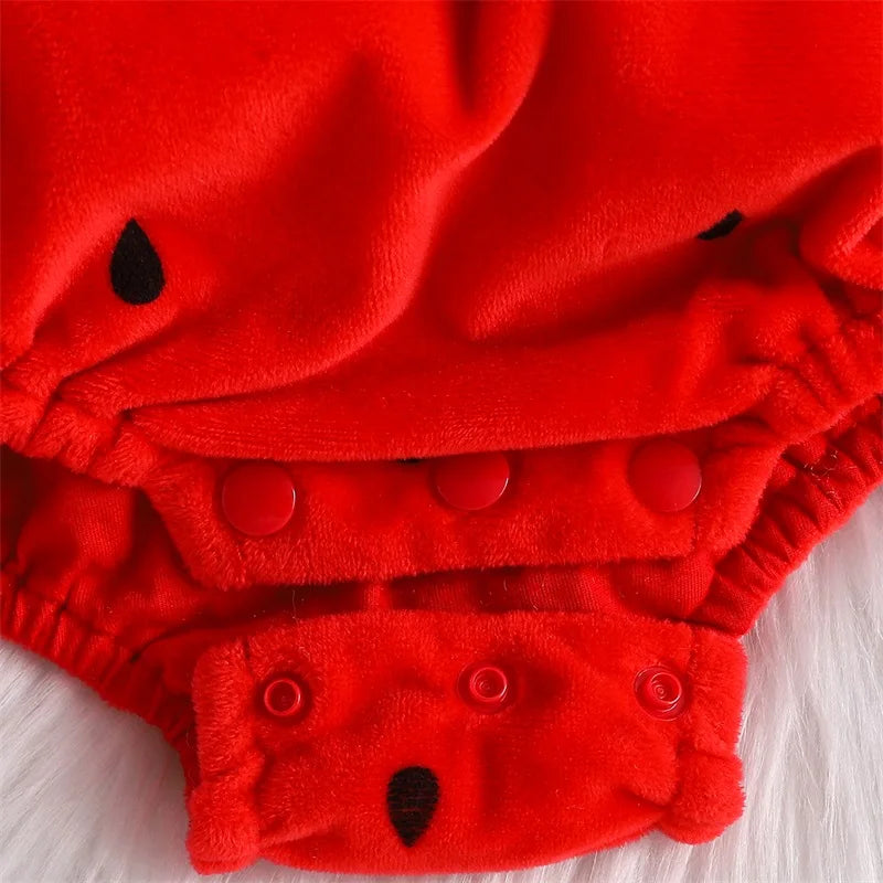 Baby Strawberry Costume with Hat, Red Fruit Romper with Green Leaf Trim for Infant Halloween Dress-Up, Berry-Themed Parties and Photo Sessions