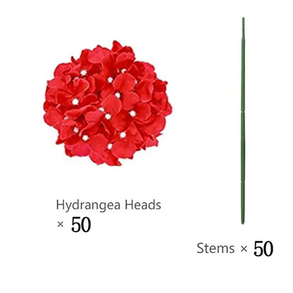 Artificial Hydrangea Flower Heads, 50-Piece Silk-Fabric Floral Set with Stem or Leaf Options for DIY Wedding Centerpieces, Baby Showers and Home Decor