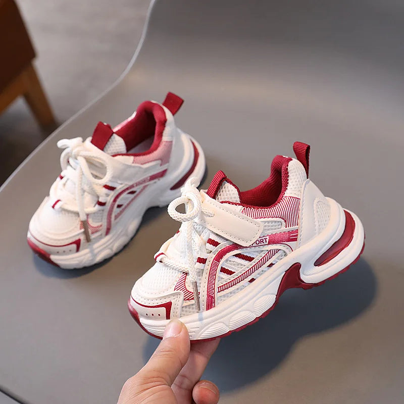 Children Mesh Sports Sneakers with Layered Panels, Lace and Strap Styling for Boys and Girls, Casual Spring and Fall Shoes in Red, Khaki or Black