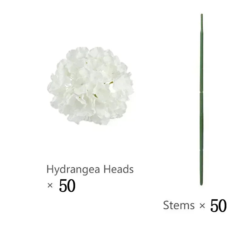 Artificial Hydrangea Flower Heads, 50-Piece Silk-Fabric Floral Set with Stem or Leaf Options for DIY Wedding Centerpieces, Baby Showers and Home Decor