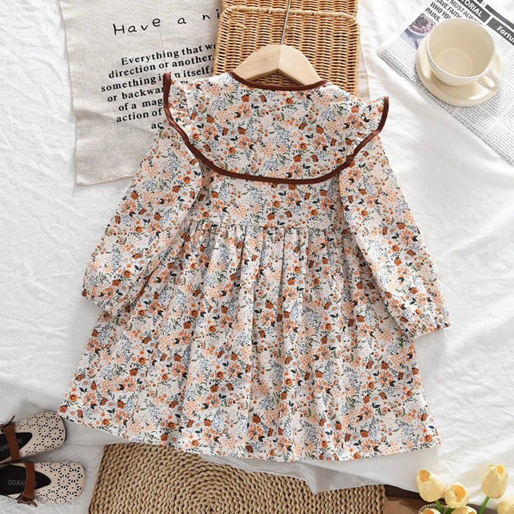 Toddler Girls Floral Dress with Oversized Collar and Long Sleeves, Bear Leader Outfit in Sizes 2T–6T for Spring, Fall and Family Photos