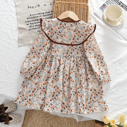Toddler Girls Floral Dress with Oversized Collar and Long Sleeves, Bear Leader Outfit in Sizes 2T–6T for Spring, Fall and Family Photos