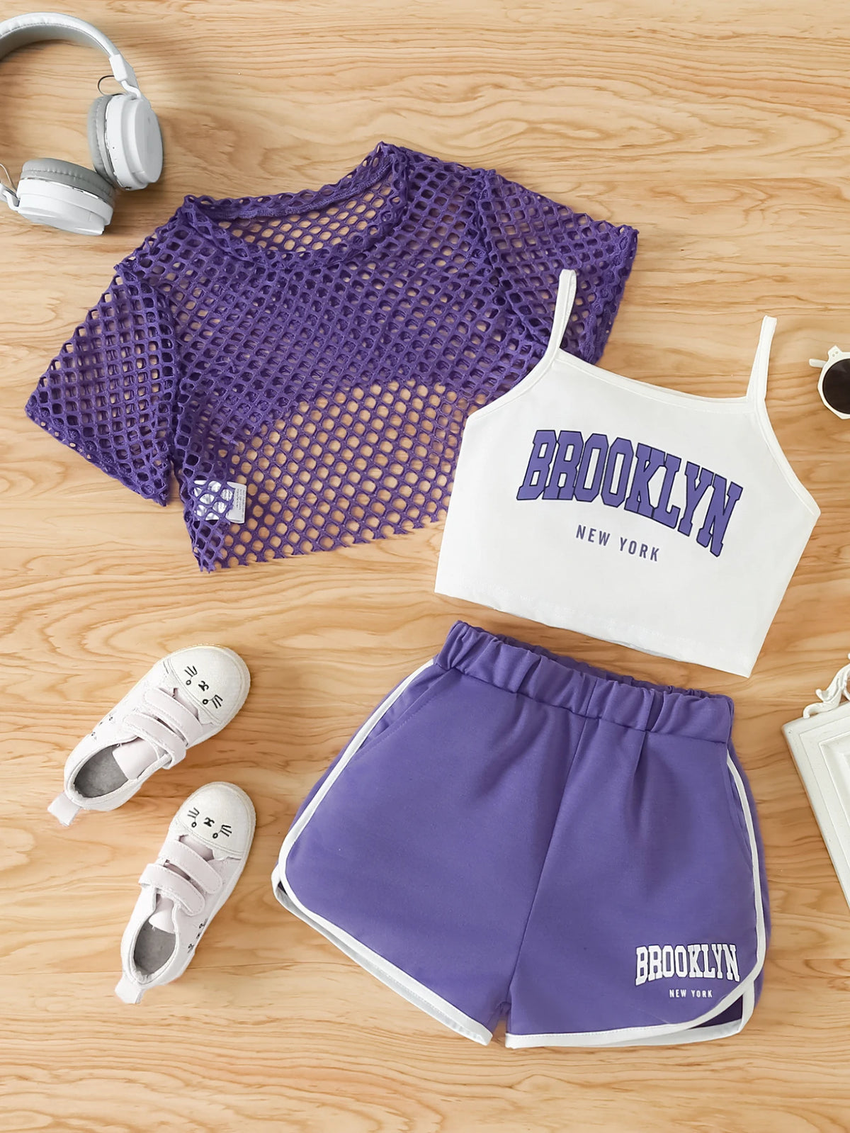 Girls Mesh Top and Shorts Outfit with Brooklyn Print Cami, Three-Piece Summer Set with Short Sleeves and Elastic Waist for Ages 8-12