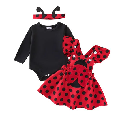 Infant Girl Bee and Ladybug Dress Set with Long Sleeve Cotton Blend Romper, Embroidered Suspender Skirt and Matching Headband, 0-18 Months