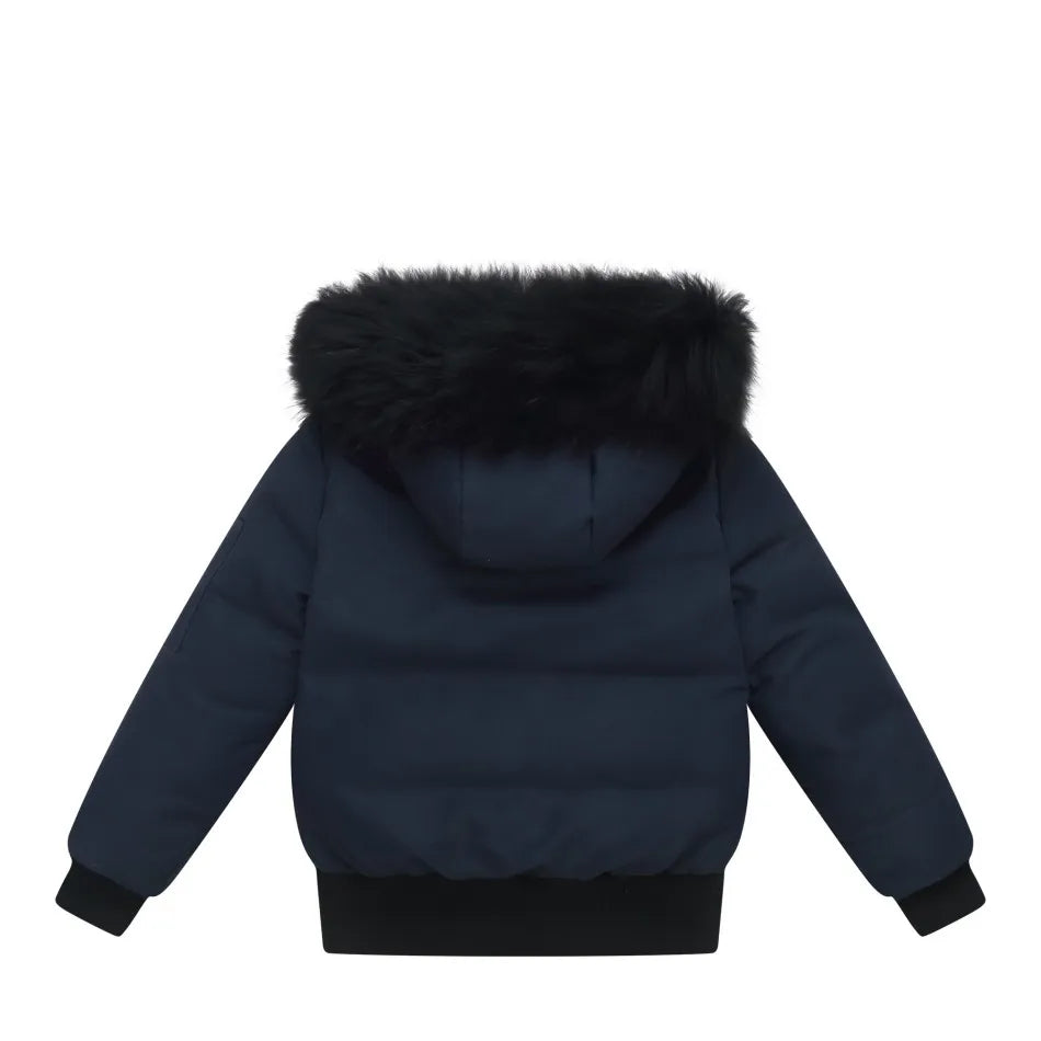 Kids Down Winter Coats with Fur-Trimmed Hoods, Black or Navy Short Bomber and Long Parka Styles for Boys and Girls, Child and Teen Size Options
