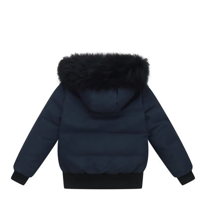 Kids Down Winter Coats with Fur-Trimmed Hoods, Black or Navy Short Bomber and Long Parka Styles for Boys and Girls, Child and Teen Size Options
