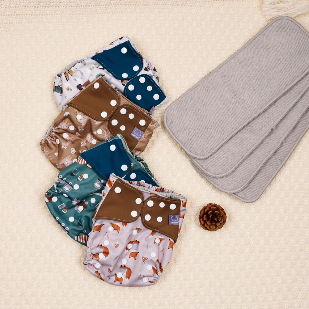 Mesh-Lined Cloth Diapers by Elinfant, 4-Pack Adjustable Pocket Baby Nappies with 4 Three-Layer Microfiber Inserts and Waterproof PUL Outer