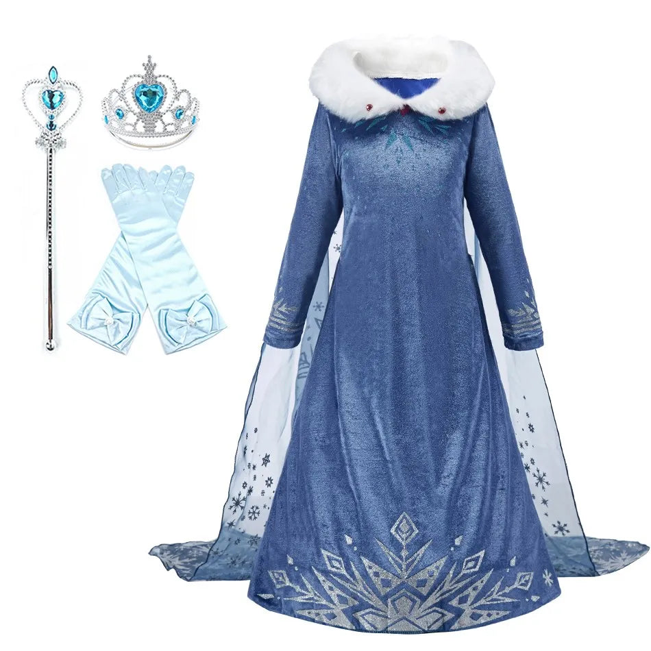 Girls Ice Princess Costume Dress with Long Sleeves, Fluffy Collar and Snowflake Cape, Blue Snow Queen Outfit for Birthdays and Halloween