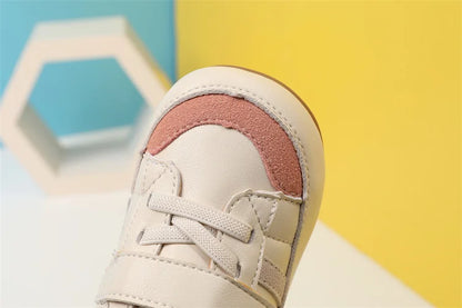 Toddler Microfiber Leather Sneakers with Hook-and-Loop Strap and Colorblock Trim, DIMI Baby Boys and Girls Casual Shoes in Blue Brown or Pink