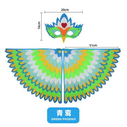 Kids Bird Wings and Mask Costume Set with Layered Felt Feather Cape, Colorful Animal Dress-Up for Halloween, Birthday Parties and Stage Performances