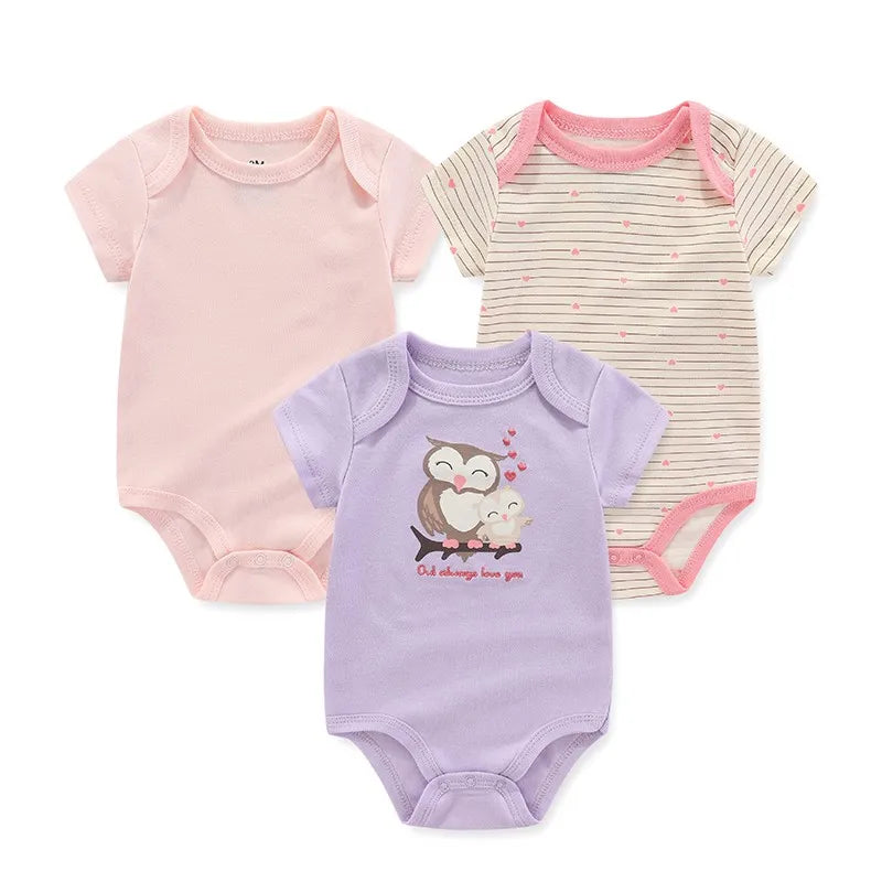 Cotton Infant Bodysuit Trio with Short Sleeves, Printed and Solid Baby One-Piece Outfits with Bottom Snaps for Boys and Girls, 3M-12M