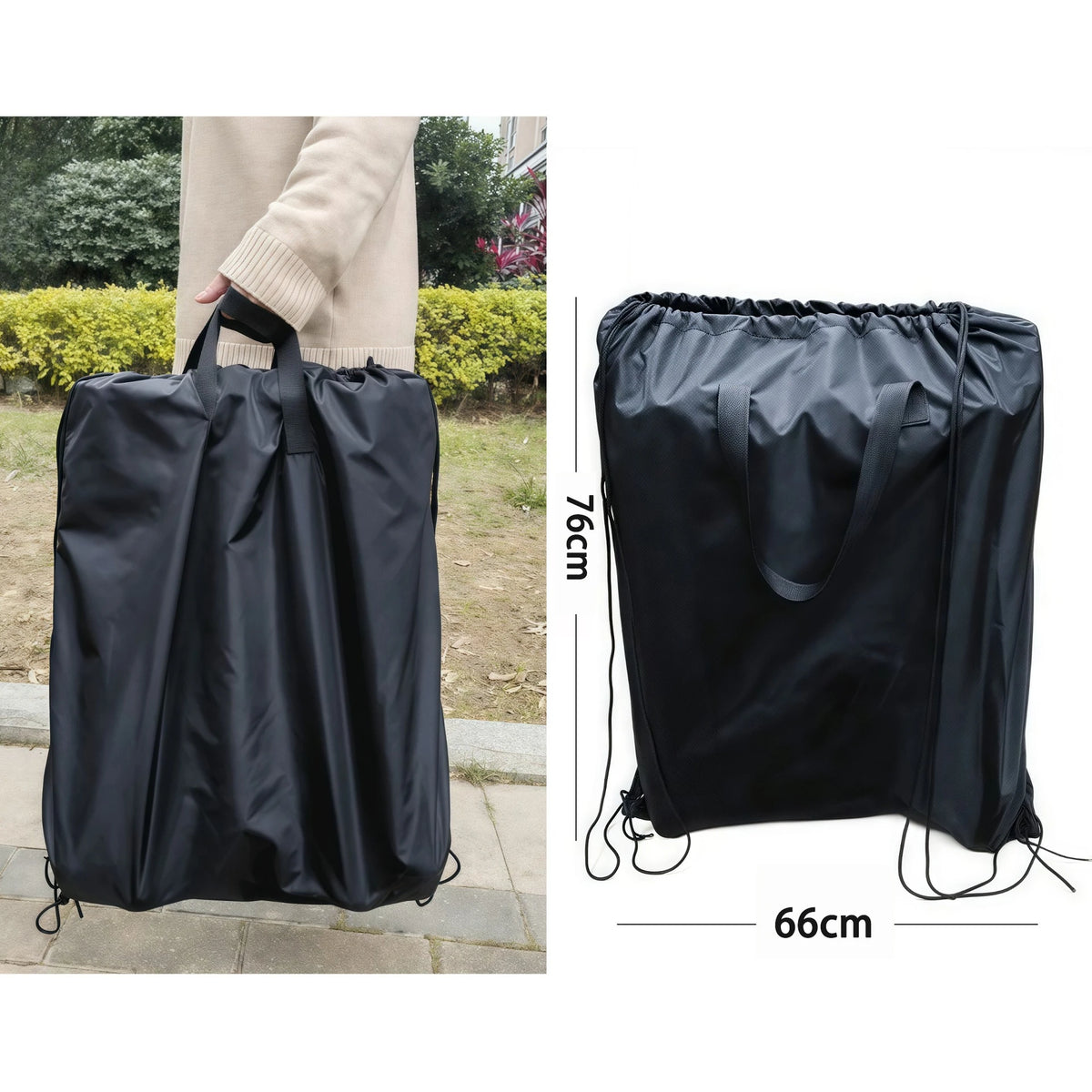 Stroller Gate Check Bag in Black Oxford Cloth with Drawstring Closure and Carry Handles, Foldable Travel Storage Cover for Compact Strollers